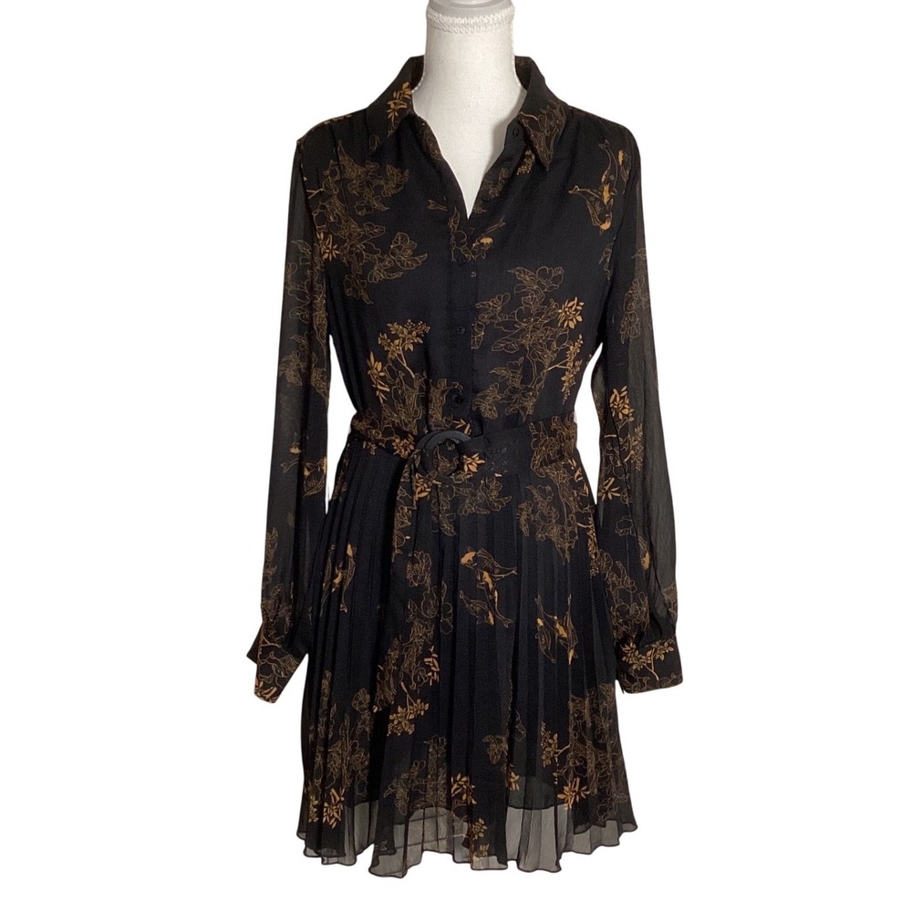 Floral Fish Print Shirt Dress Womens L Black Gold Pleated Boho Whimsical